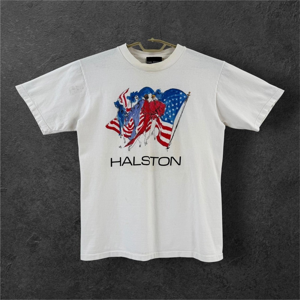 Vintage Halston USA Flag Graphic Tee Womens One Size Made in USA